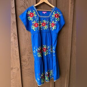 Vibrant Blue Midi Dress with Red and Green Floral embroidery